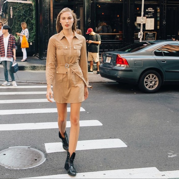 Cargo Utility Pockets Zip Up Belted Shirt Dress - Picture 2 of 8